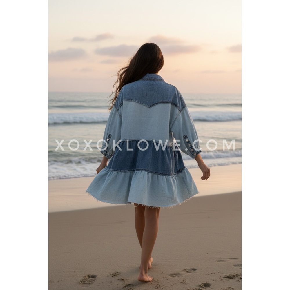 POL Denim Button Front Collared Dress | Tiered Ruffle Long Sleeve - Picture 5 of 10